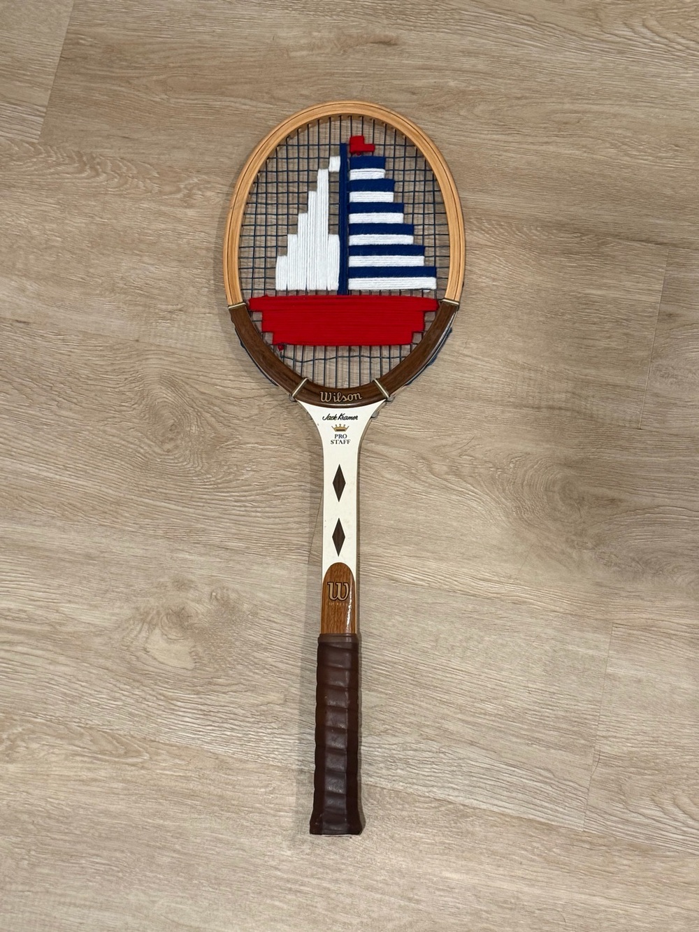Wilson Wooden Tennis Racket with Red, White and Navy Embroidered Sailboat